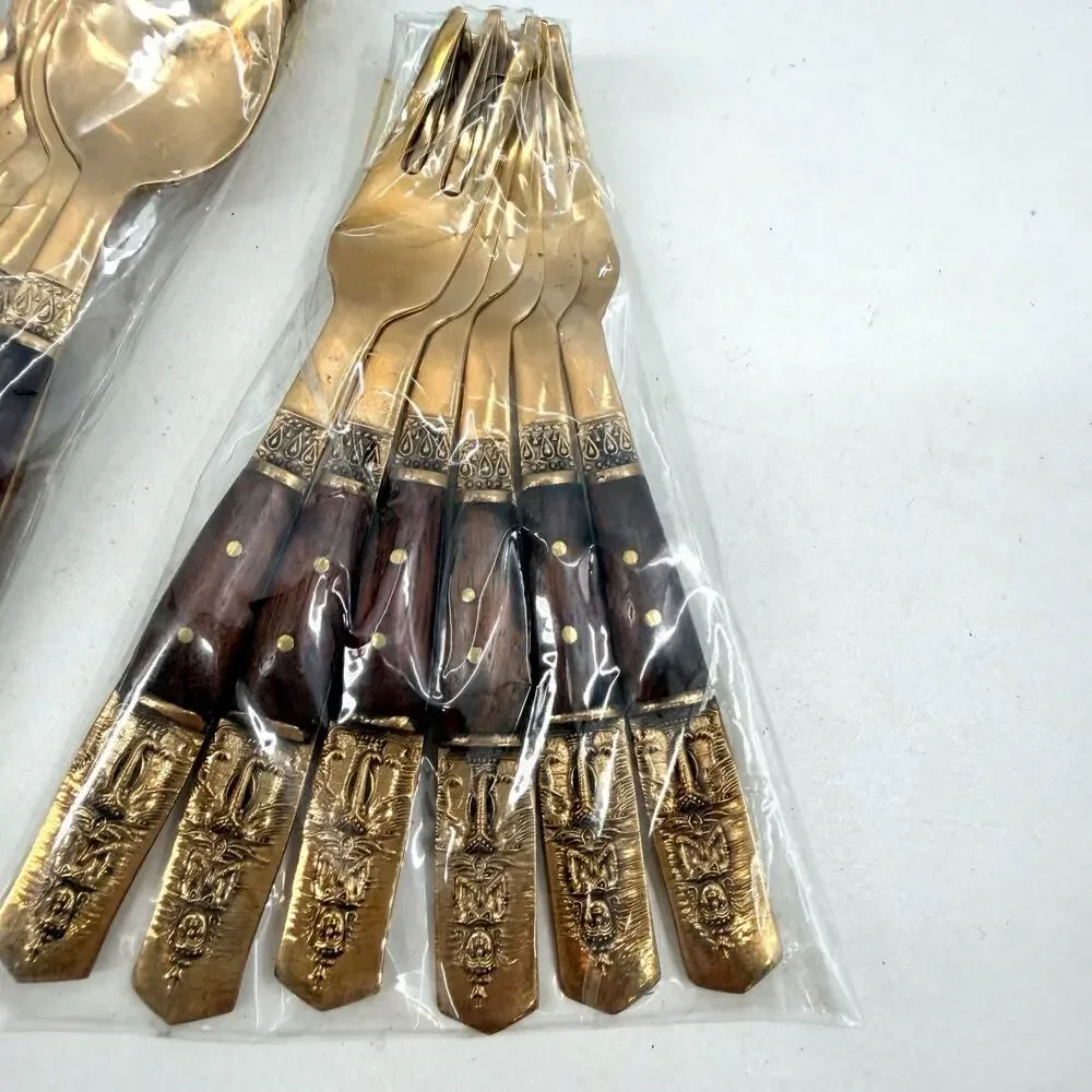 CKE L. Bronze & Wood Thailand 12pc Demitasse Spoon & Appetizer Fork Set MCM